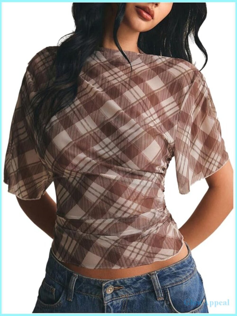 Plaid Mesh Sheer Short Sleeve Boat Neck Ruched Waist Crop Tee Blouse Tops